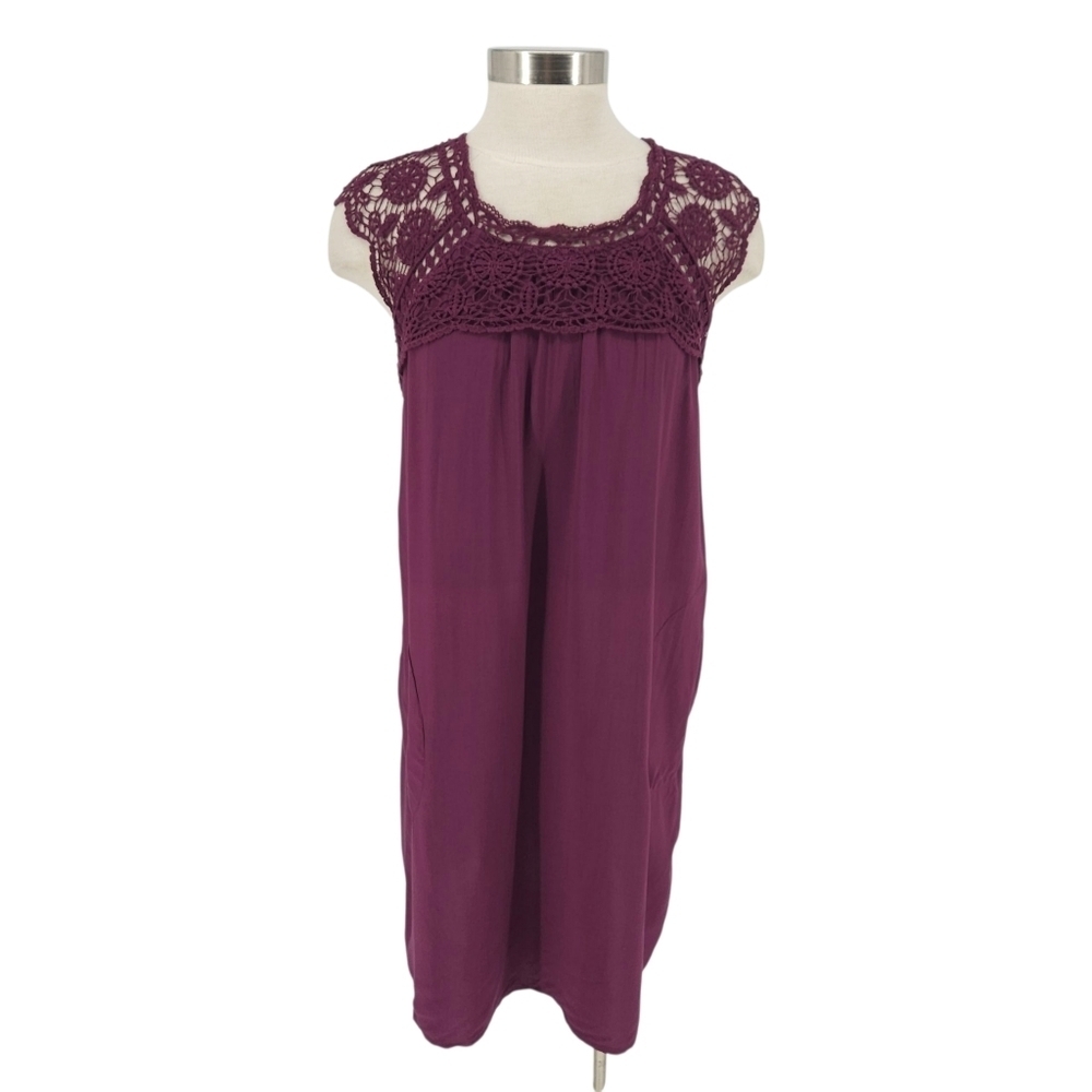 CATO Shift Dress Purple Crochet Lace Short Sleeve Button Back Medium